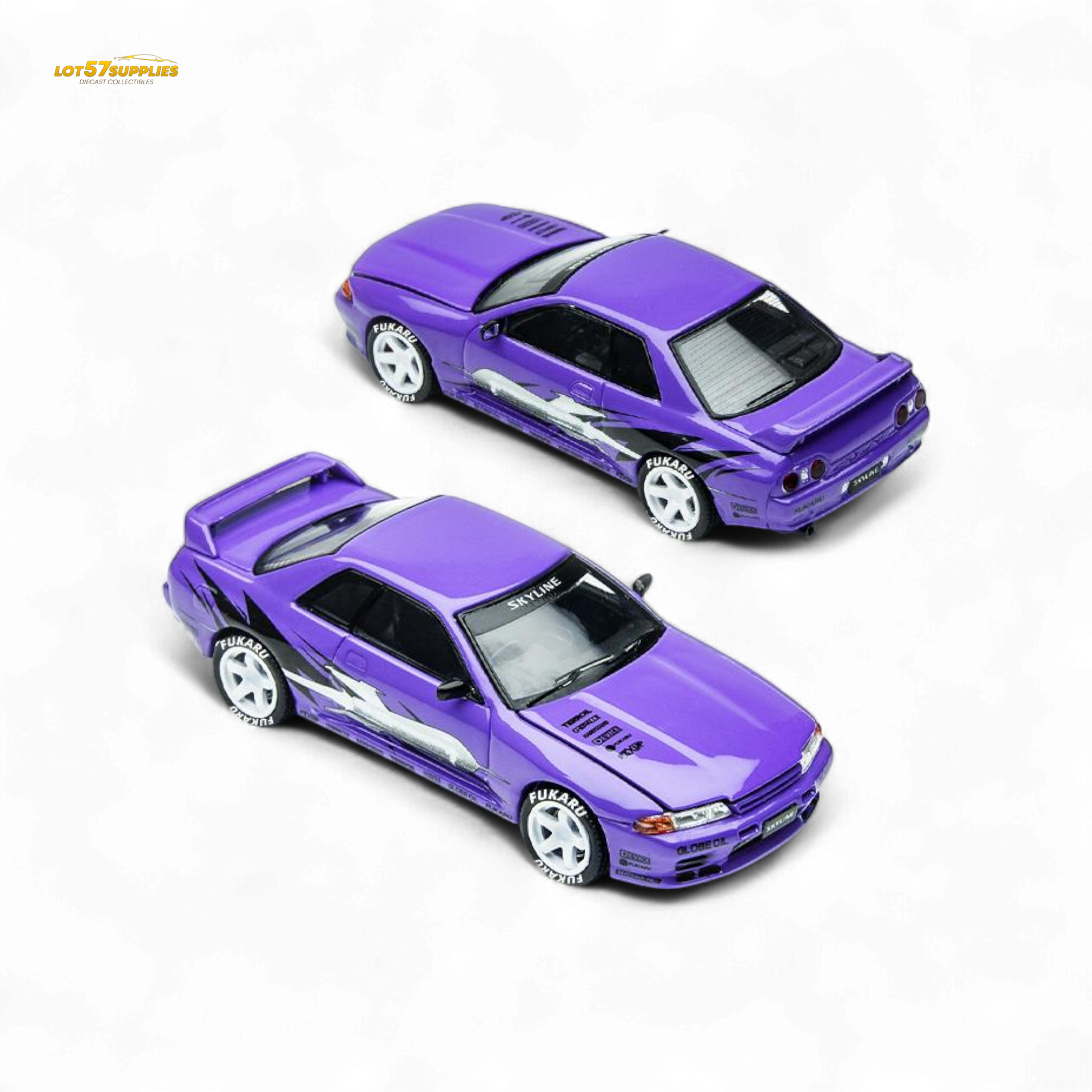 Purple Nissan Skyline GT-R R32 diecast model by Lot57Supplies, detailed 1:64 scale car for collectors and enthusiasts.