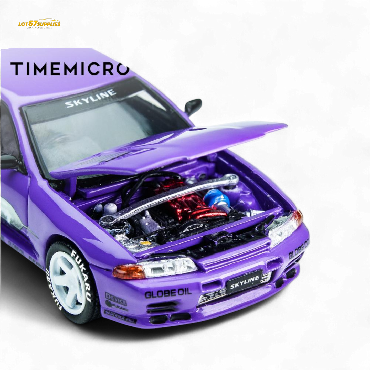 Purple Nissan Skyline GT-R R32 diecast model in 1:64 scale, featuring detailed design from Lot57Supplies Diecast Shop.