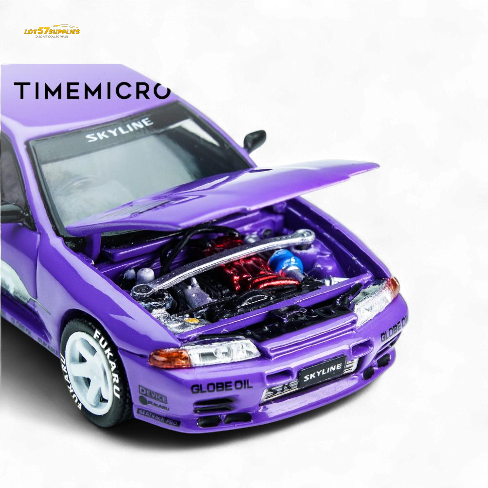 Purple Nissan Skyline GT-R R32 diecast model in 1:64 scale, featuring detailed design from Lot57Supplies Diecast Shop.