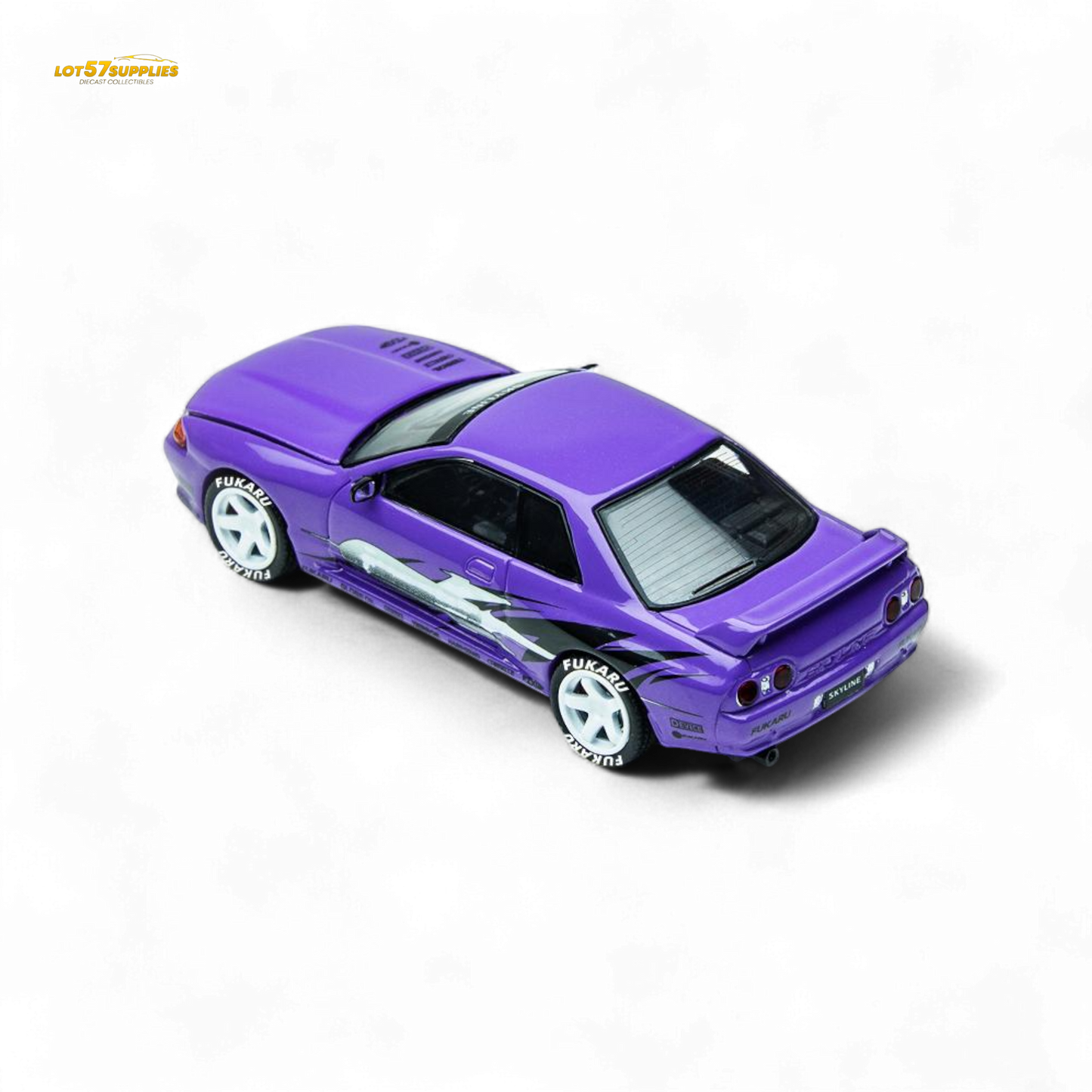 Purple Nissan Skyline GT-R R32 diecast model from the TimeMicro Skyline collection, detailed 1:64 scale collectible car.