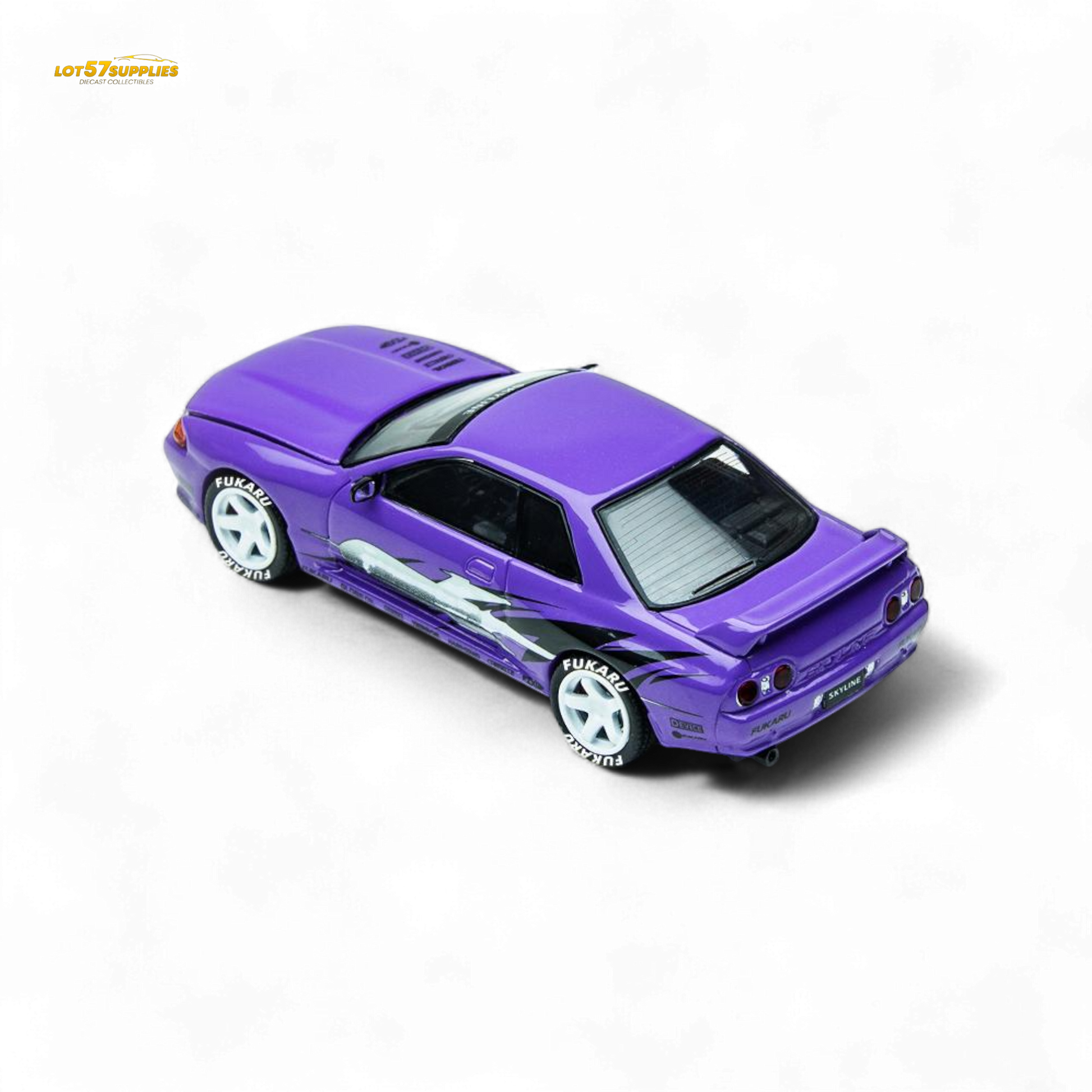 Purple Nissan Skyline GT-R R32 diecast model from the TimeMicro Skyline collection, detailed 1:64 scale collectible car.