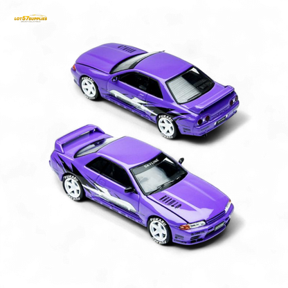 Purple Nissan Skyline GT-R R32 diecast model in 1:64 scale, featuring detailed Los Santos Drift design by Lot57Supplies.
