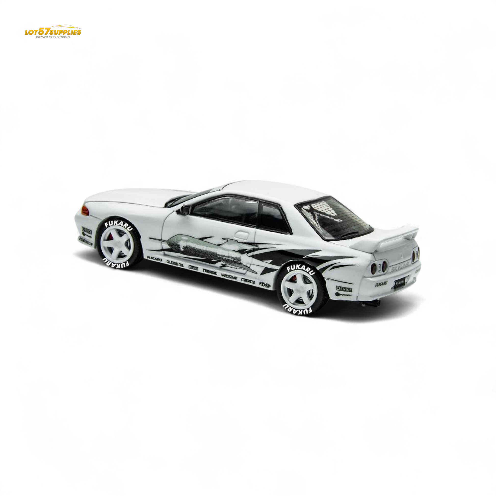 White Nissan Skyline GT-R R32 diecast model by Lot57Supplies, detailed 1:64 scale replica from TimeMicro Skyline Los Santos Drift series.