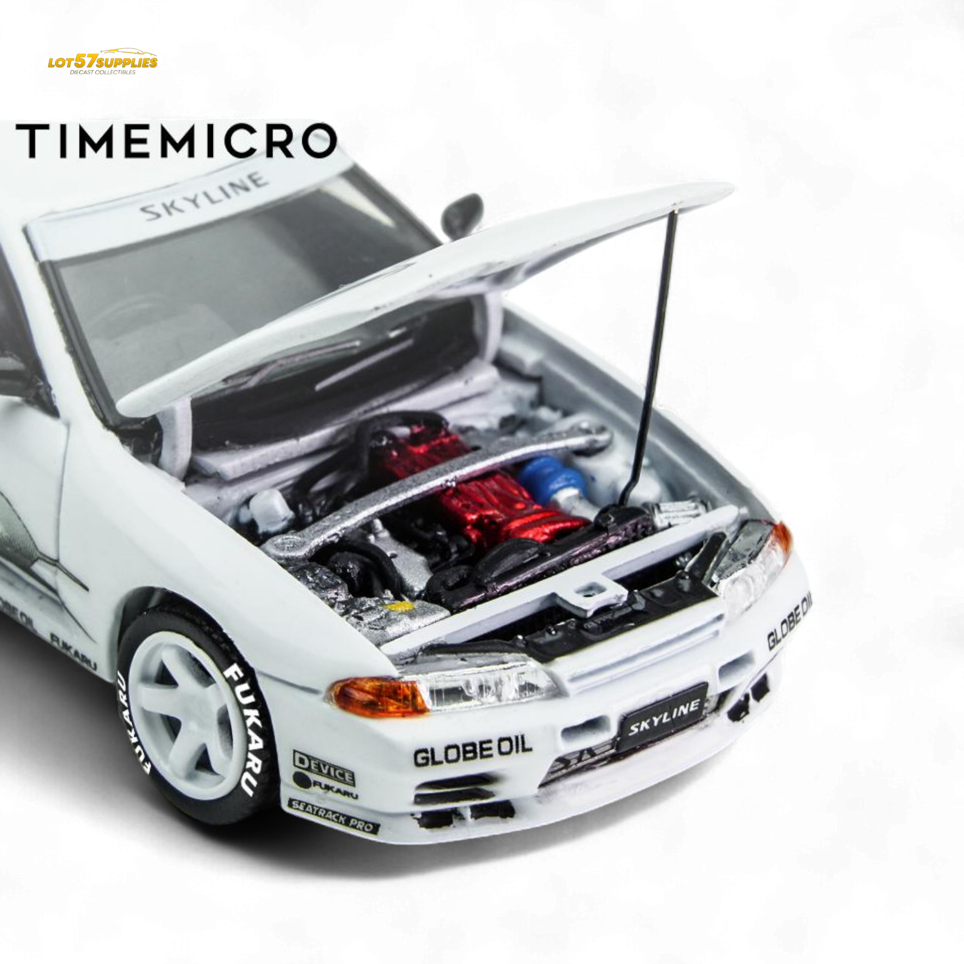 White 1:64 Nissan Skyline GT-R R32 diecast model from Lot57Supplies, detailed replica of the Los Santos Drift car.