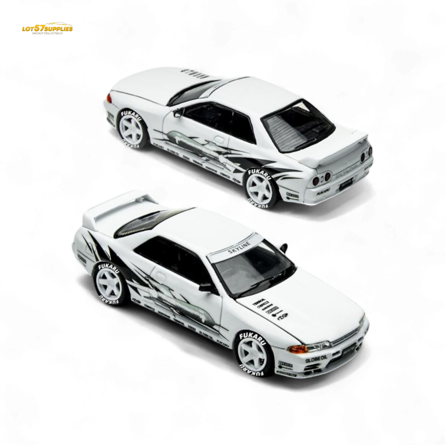 White Nissan Skyline GT-R R32 diecast model by Lot57Supplies, detailed 1:64 scale car from Los Santos Drift series.