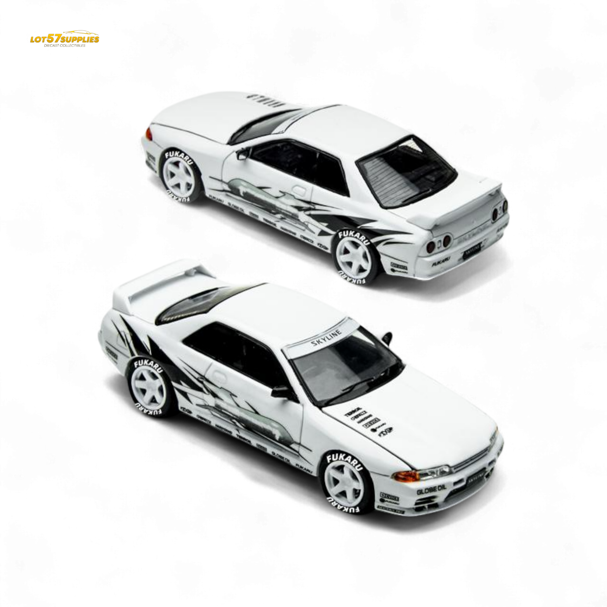 White Nissan Skyline GT-R R32 diecast model by Lot57Supplies, detailed 1:64 scale car from Los Santos Drift series.