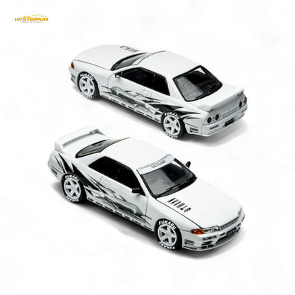 White Nissan Skyline GT-R R32 diecast model by Lot57Supplies, detailed 1:64 scale car from Los Santos Drift series.