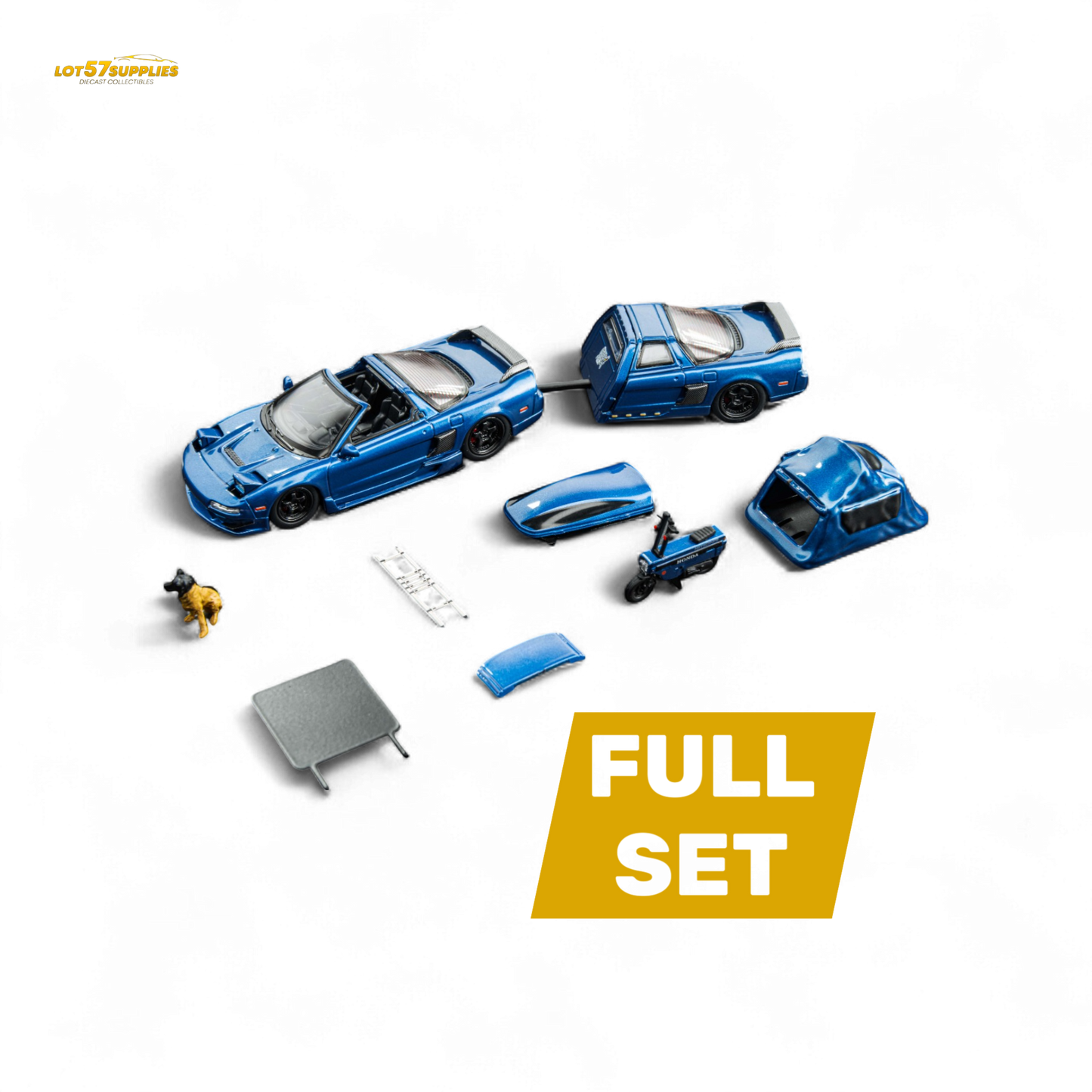 Honda Findclassically NSX TRA diecast model in transparent blue, 1:64 scale, showcasing detailed full set features.
