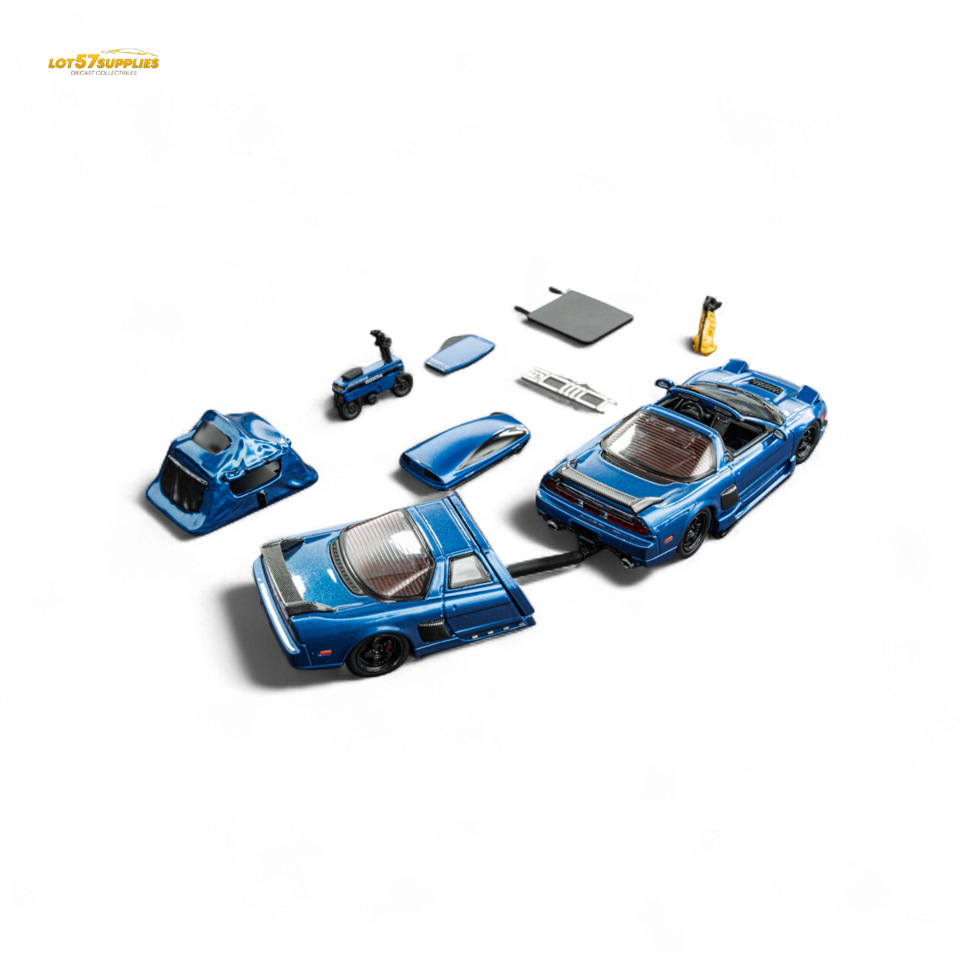 Blue Honda NSX TRA 1:64 diecast model by Lot57Supplies, showing the transparent blue full set with detailed exterior features.