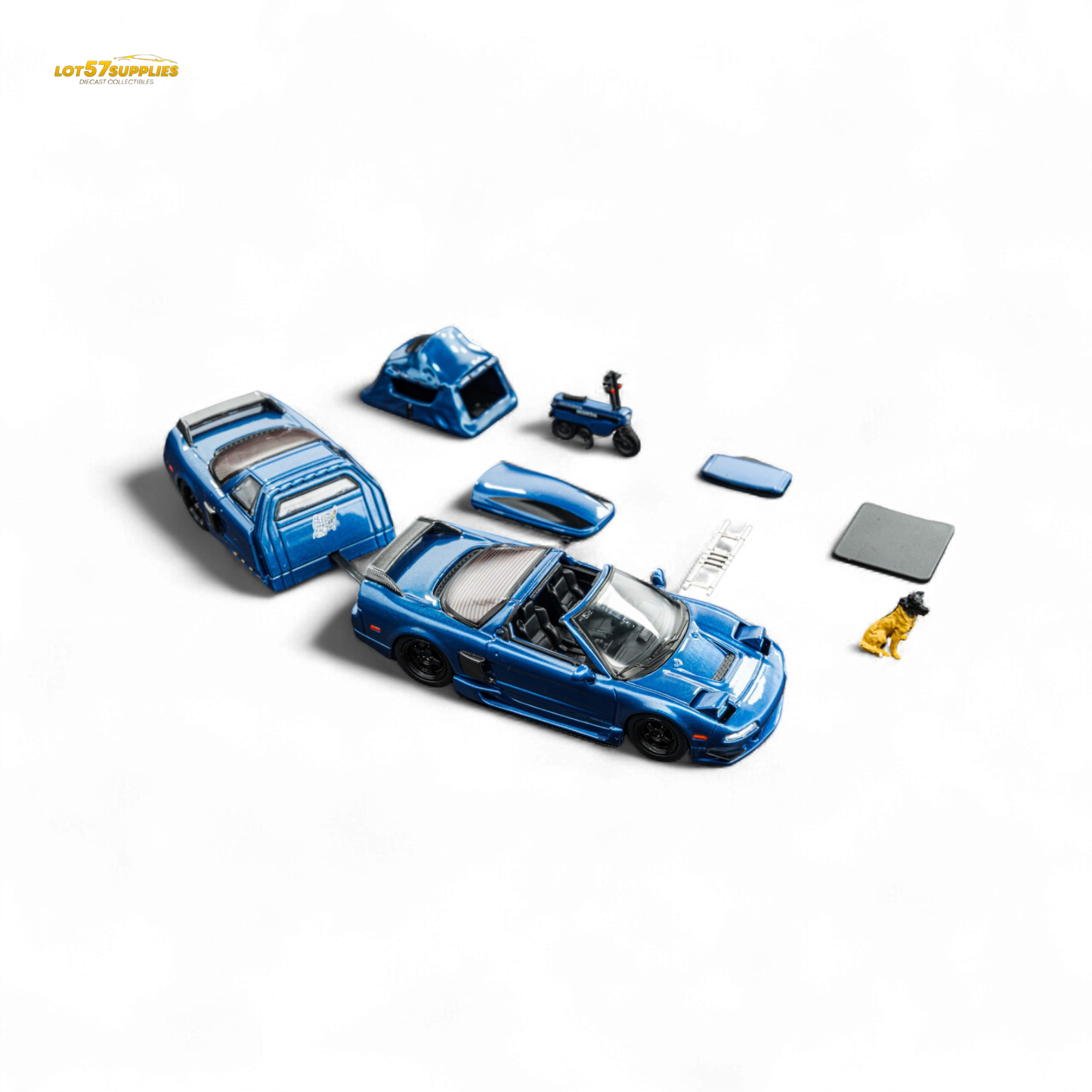 Honda Findclassically NSX TRA diecast model in transparent blue, 1:64 scale, showcasing detailed full set features.