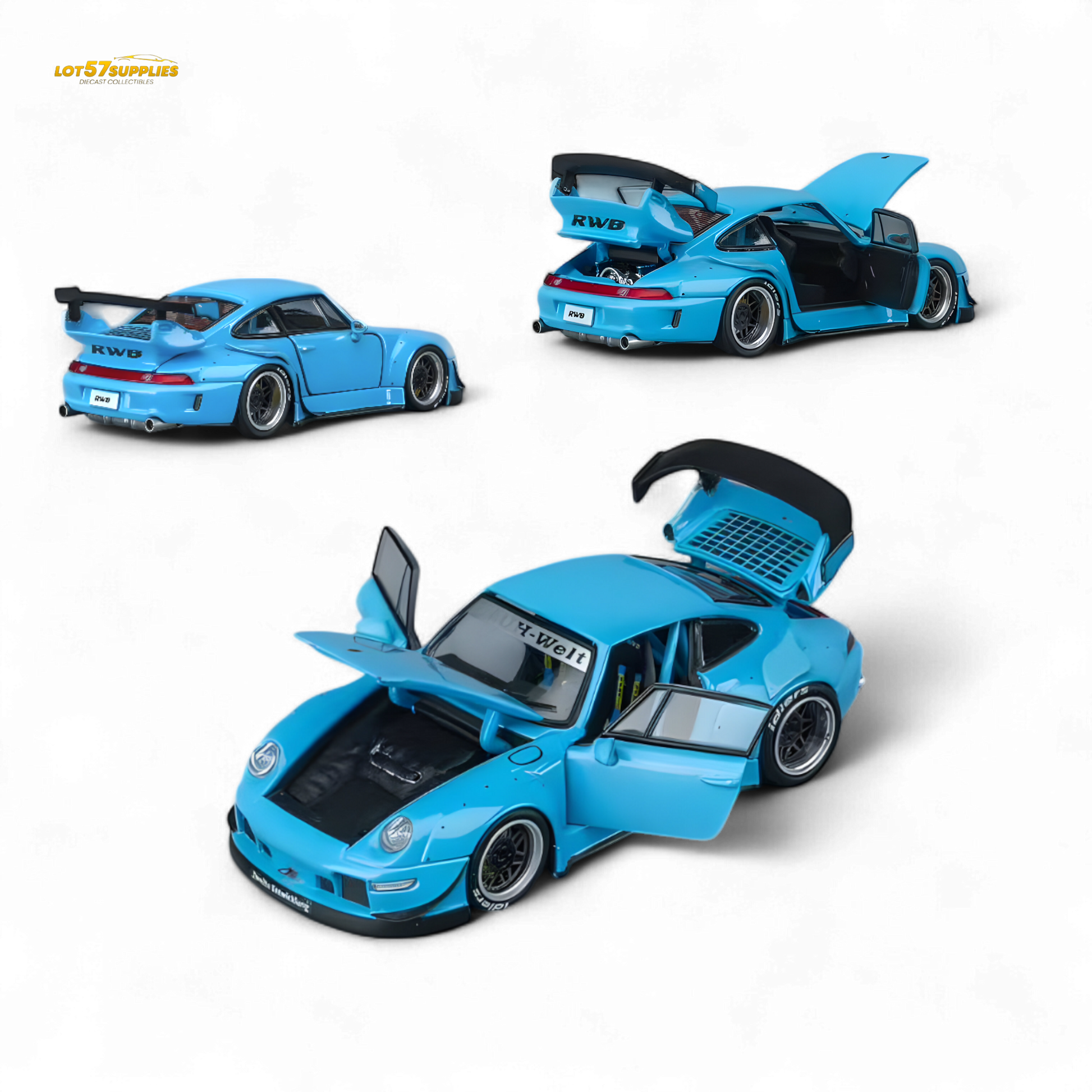 Blue Porsche 1:64 diecast model from Lot57Supplies, detailed replica of the PGM RWB993 in a compact size.