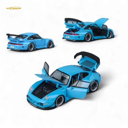 Blue Porsche 1:64 diecast model from Lot57Supplies, detailed replica of the PGM RWB993 in a compact size.