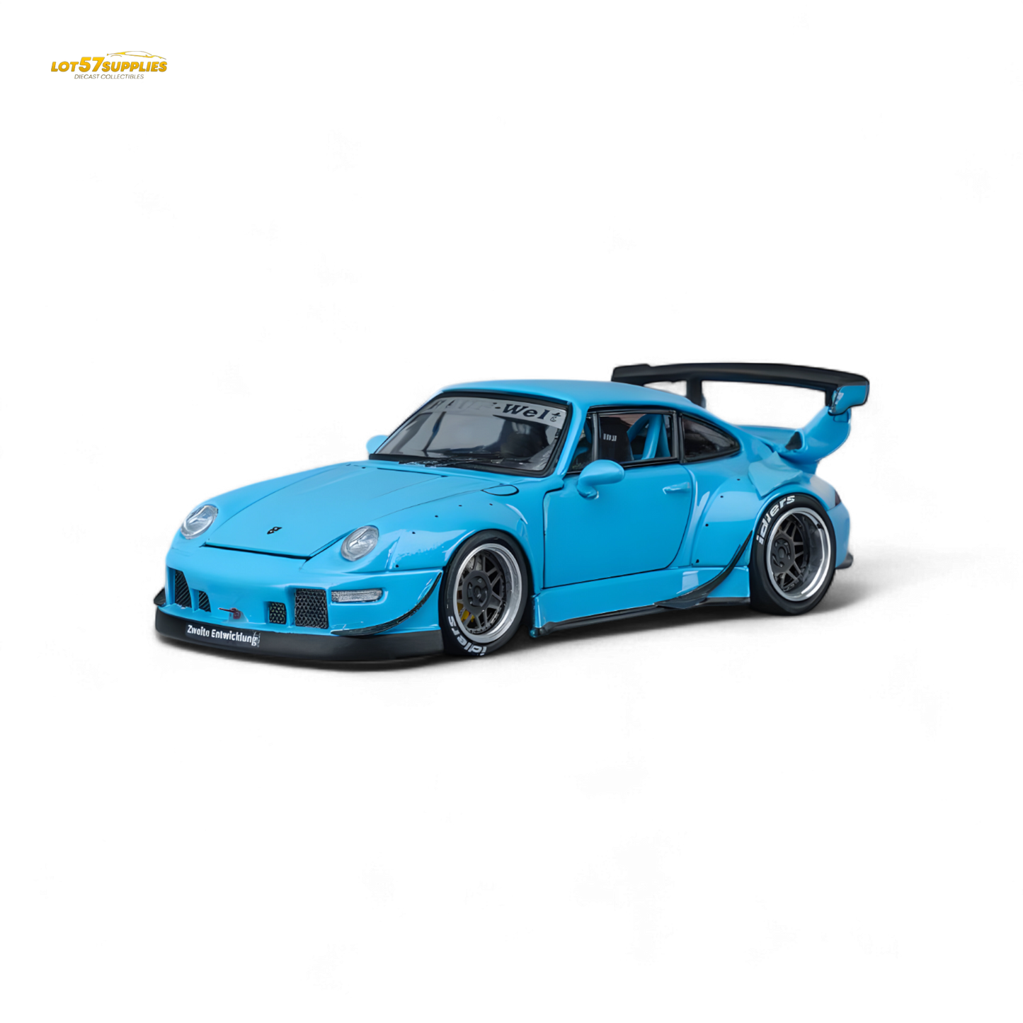 Blue Porsche 1:64 diecast model by Lot57Supplies, detailed miniature replica of the PGM RWB993 in vibrant blue color.