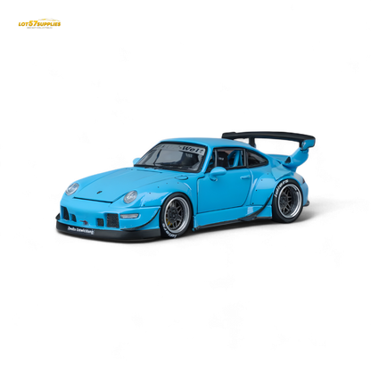 Blue Porsche 1:64 diecast model by Lot57Supplies, detailed miniature replica of the PGM RWB993 in vibrant blue color.