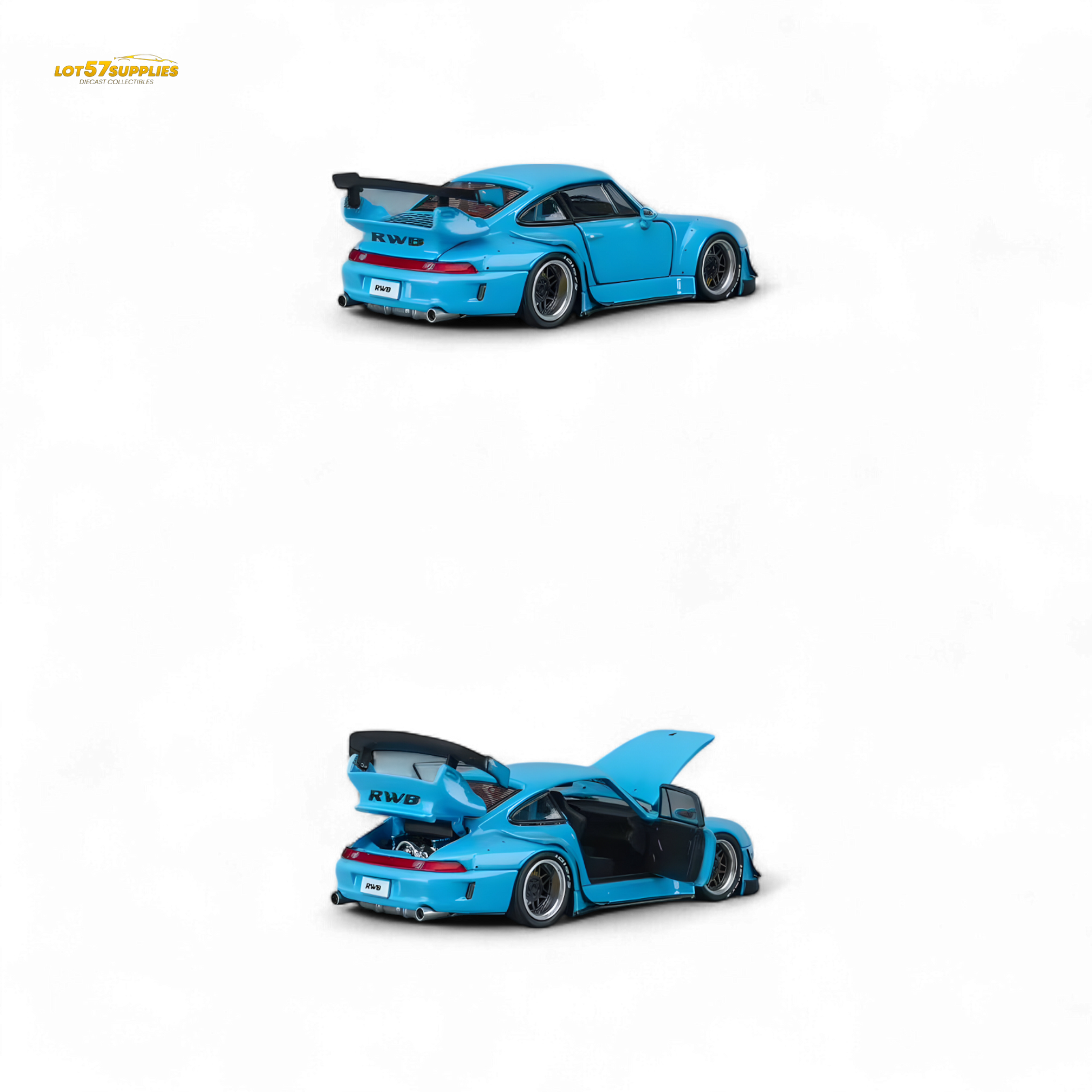 Blue Porsche PGM RWB993 1:64 scale diecast model by Lot57Supplies Diecast Shop, detailed view of this collectible miniature car.