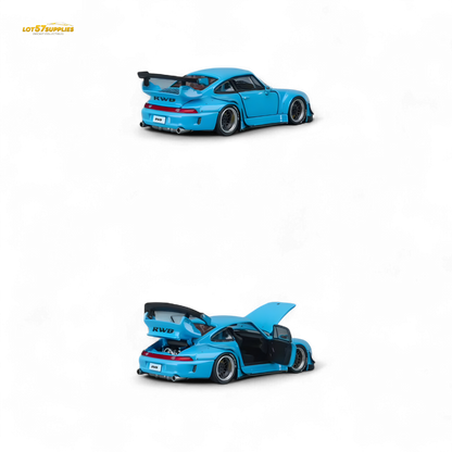 Blue Porsche PGM RWB993 1:64 scale diecast model by Lot57Supplies Diecast Shop, detailed view of this collectible miniature car.