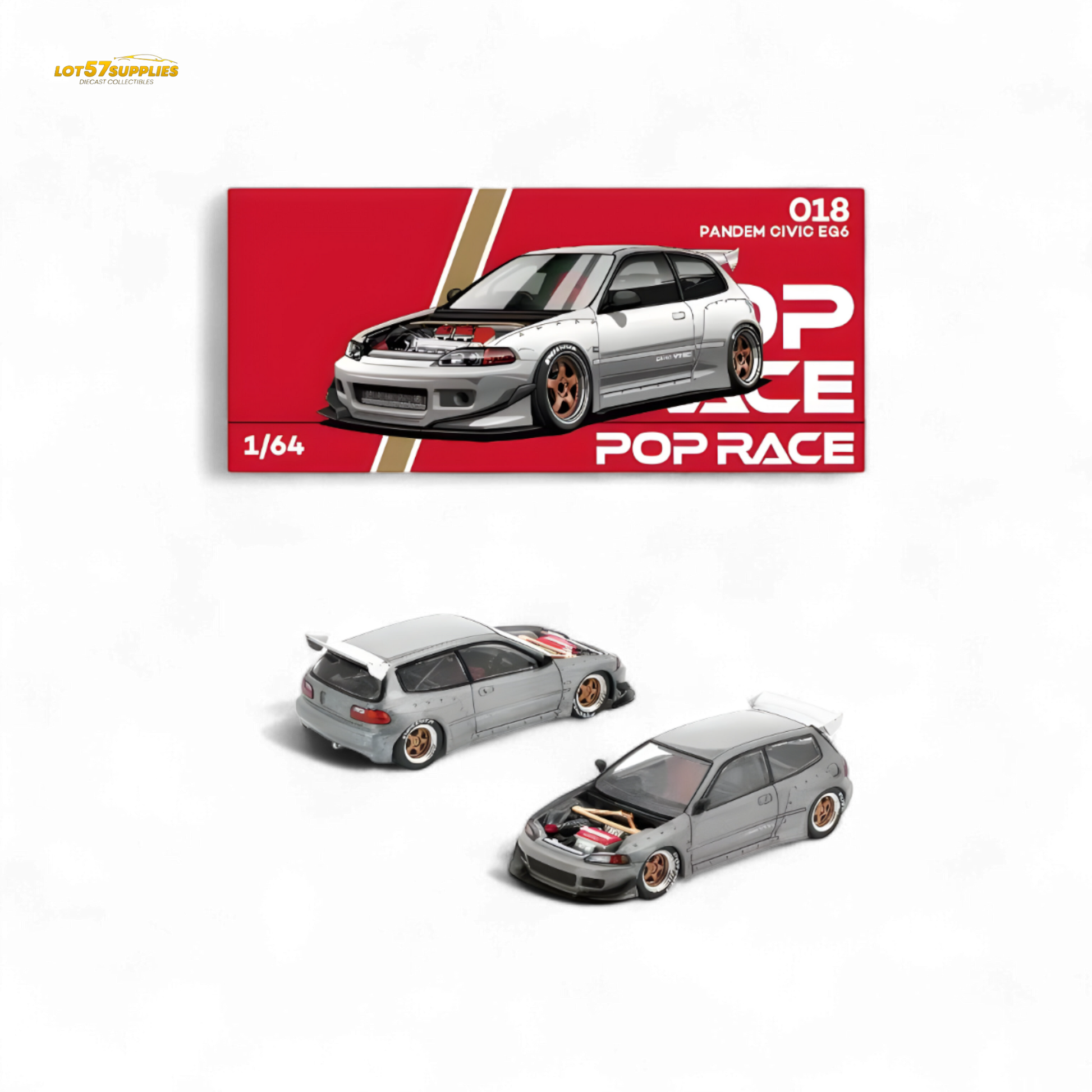 Pre-order Lot57Supplies Honda Pop Race Civic EG6 diecast model in raw metal finish, 1:64 scale, detailed collectible toy.