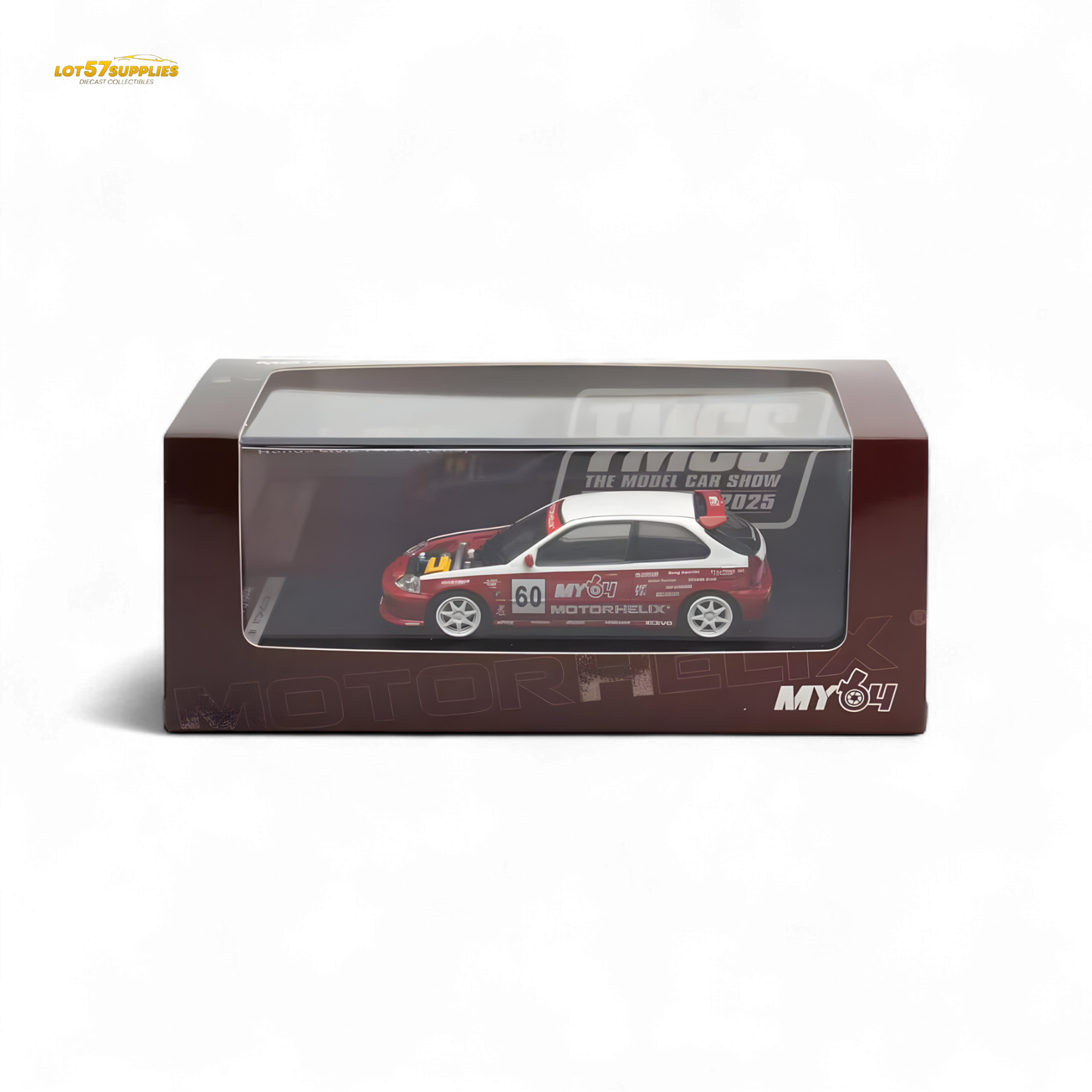 White and red Honda Civic EK9 diecast model in 1:64 scale by Lot57Supplies Diecast Shop, detailed miniature collectible.