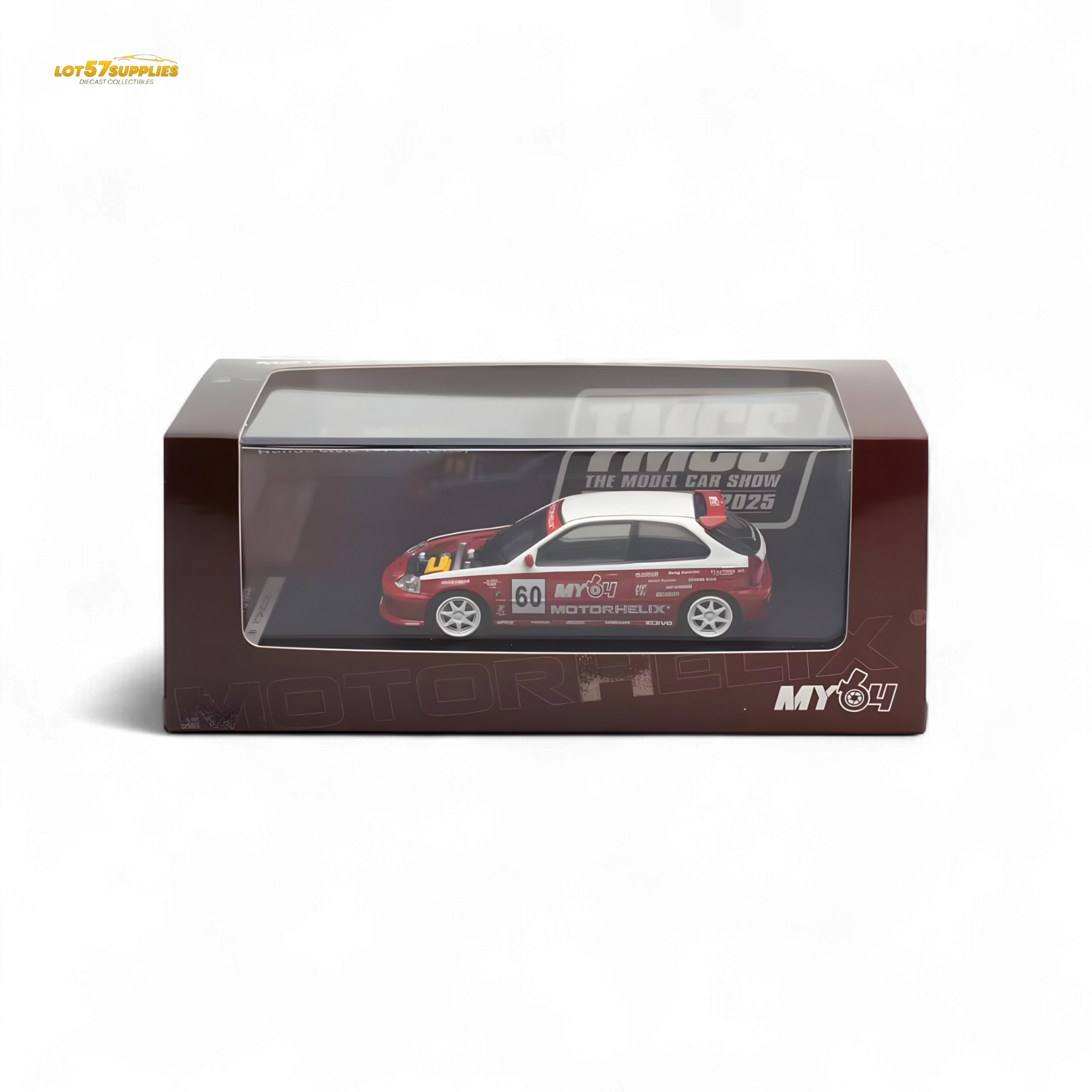 White and red Honda Civic EK9 diecast model in 1:64 scale by Lot57Supplies Diecast Shop, detailed miniature collectible.
