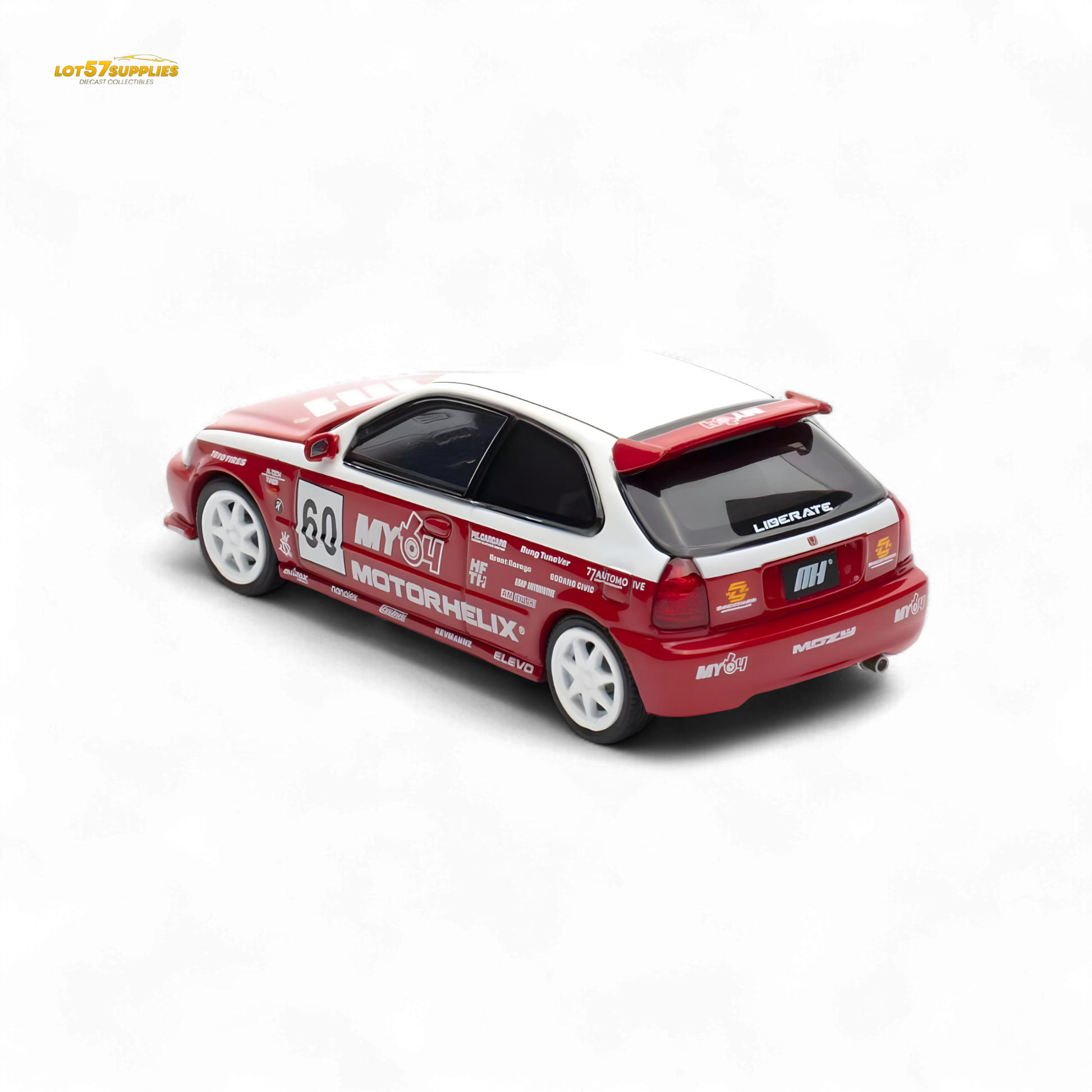 White and red Honda Civic EK9 diecast model in 1:64 scale by Lot57Supplies Diecast Shop, detailed miniature car.