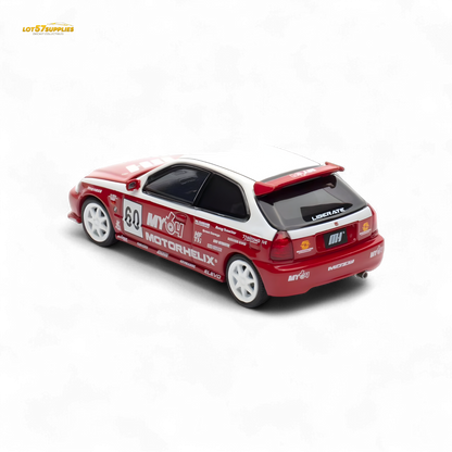 White and red Honda Civic EK9 diecast model in 1:64 scale by Lot57Supplies Diecast Shop, detailed miniature car.