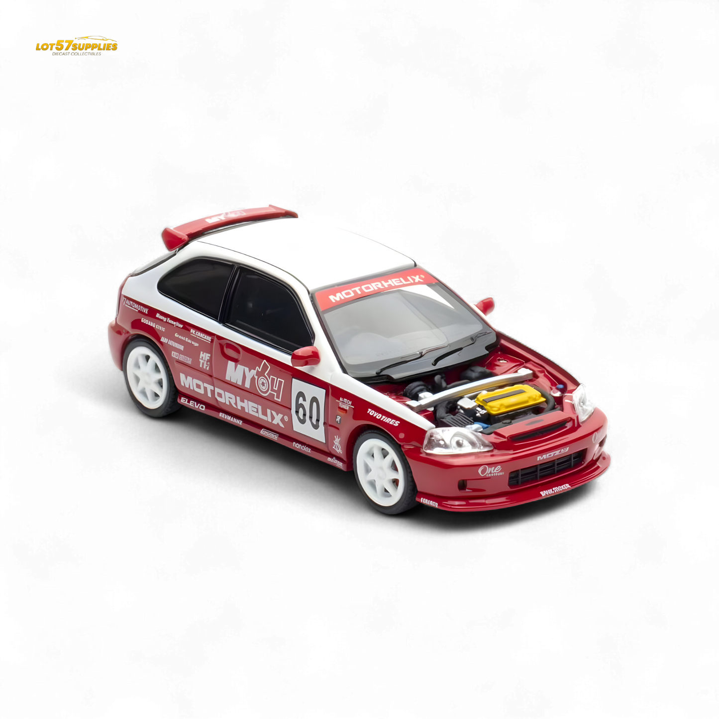 White and red Honda Civic EK9 diecast car model in 1:64 scale by Lot57Supplies Diecast Shop
