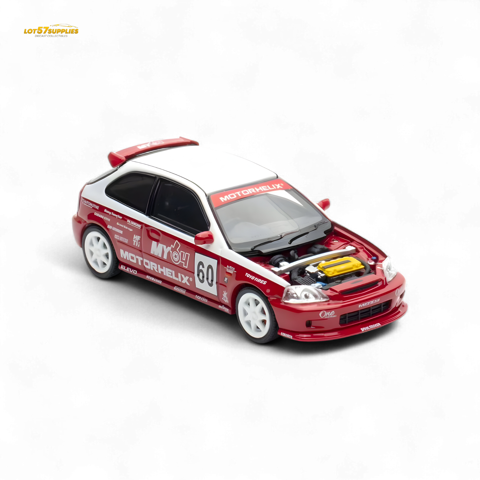 White and red Honda Civic EK9 diecast car model in 1:64 scale by Lot57Supplies Diecast Shop