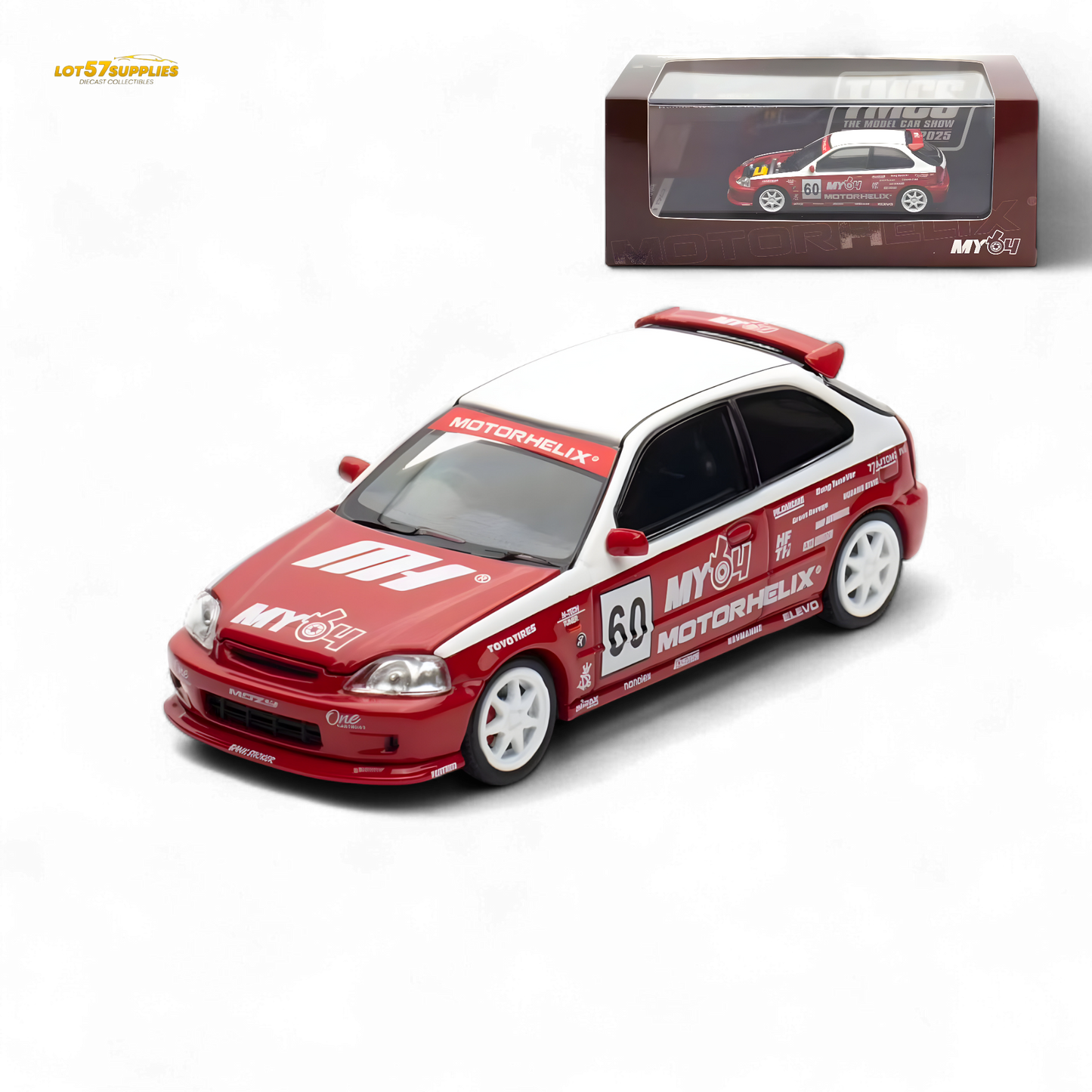 White and red Honda Civic EK9 diecast model by Lot57Supplies, detailed 1:64 scale Honda car for collectors and enthusiasts.