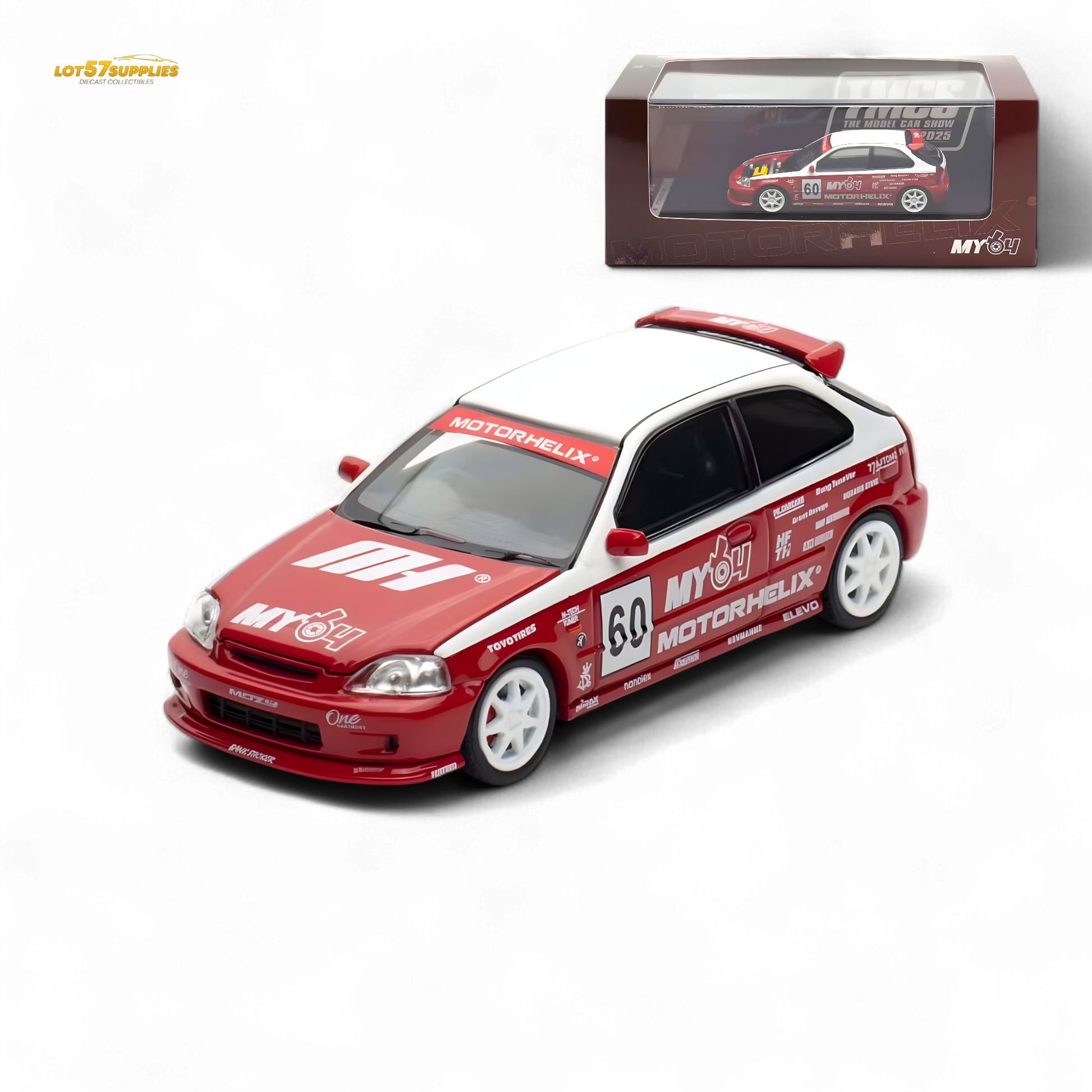 White and red Honda Civic EK9 diecast model by Lot57Supplies, detailed 1:64 scale Honda car for collectors and enthusiasts.