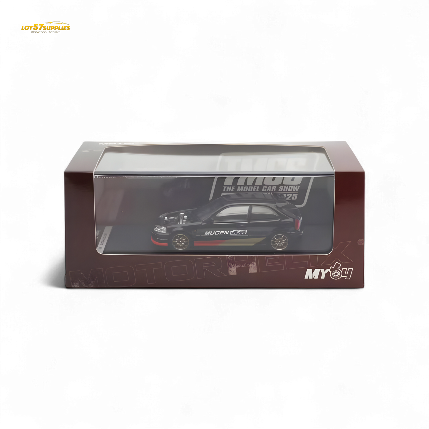 Black Honda Civic EK9 Mugen diecast model car, 1:64 scale, detailed miniature from Motorhelix for collectors