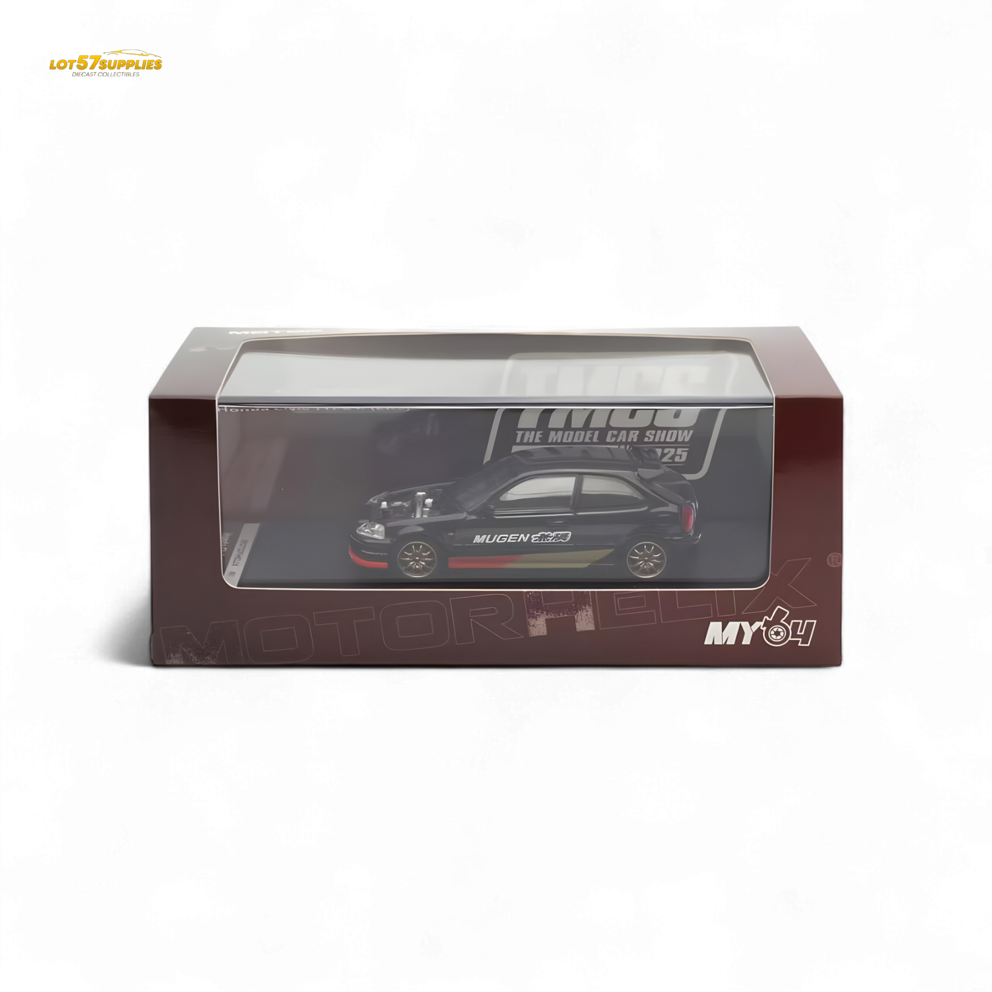 Black Honda Civic EK9 Mugen diecast model car, 1:64 scale, detailed miniature from Motorhelix for collectors