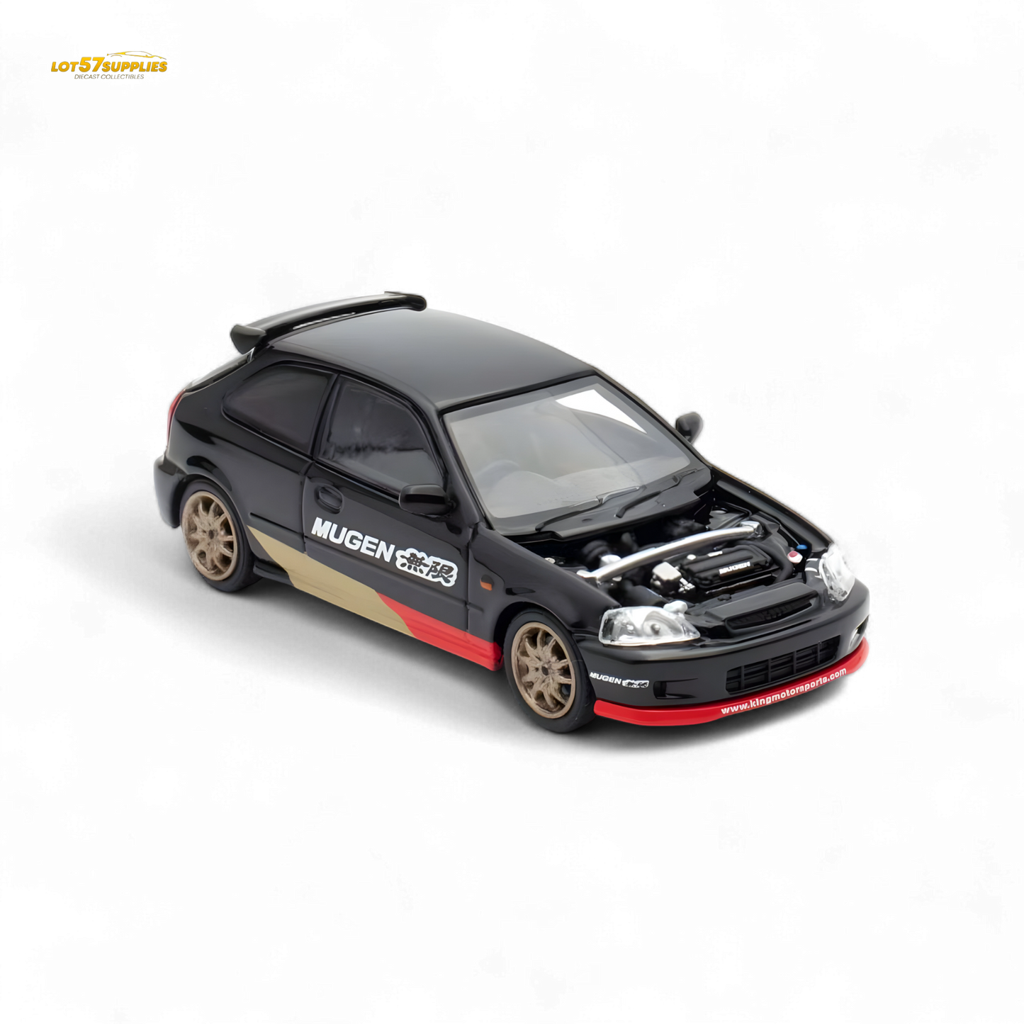 Black Honda Civic EK9 Mugen diecast model car, 1:64 scale by Lot57Supplies Diecast Shop, detailed miniature vehicle.