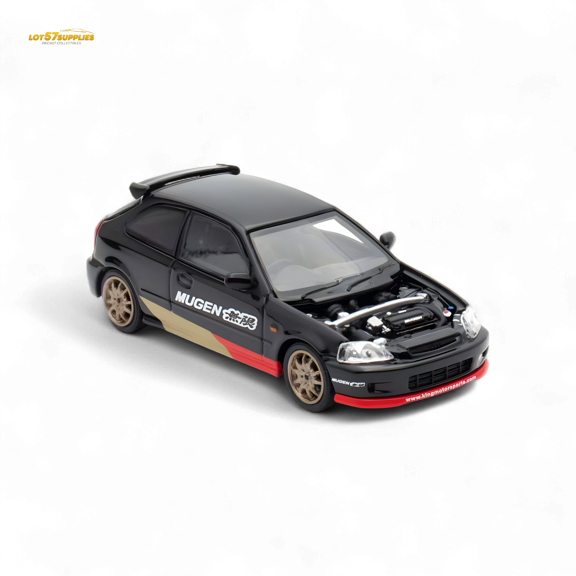 Black Honda Civic EK9 Mugen diecast model car, 1:64 scale by Lot57Supplies Diecast Shop, detailed miniature vehicle.