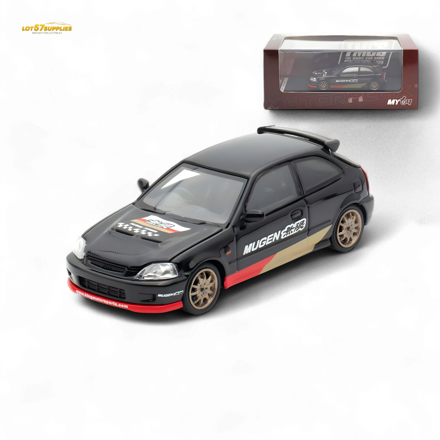 Black Honda Civic EK9 Mugen 1:64 diecast model by Lot57Supplies, detailed miniature car with realistic features.