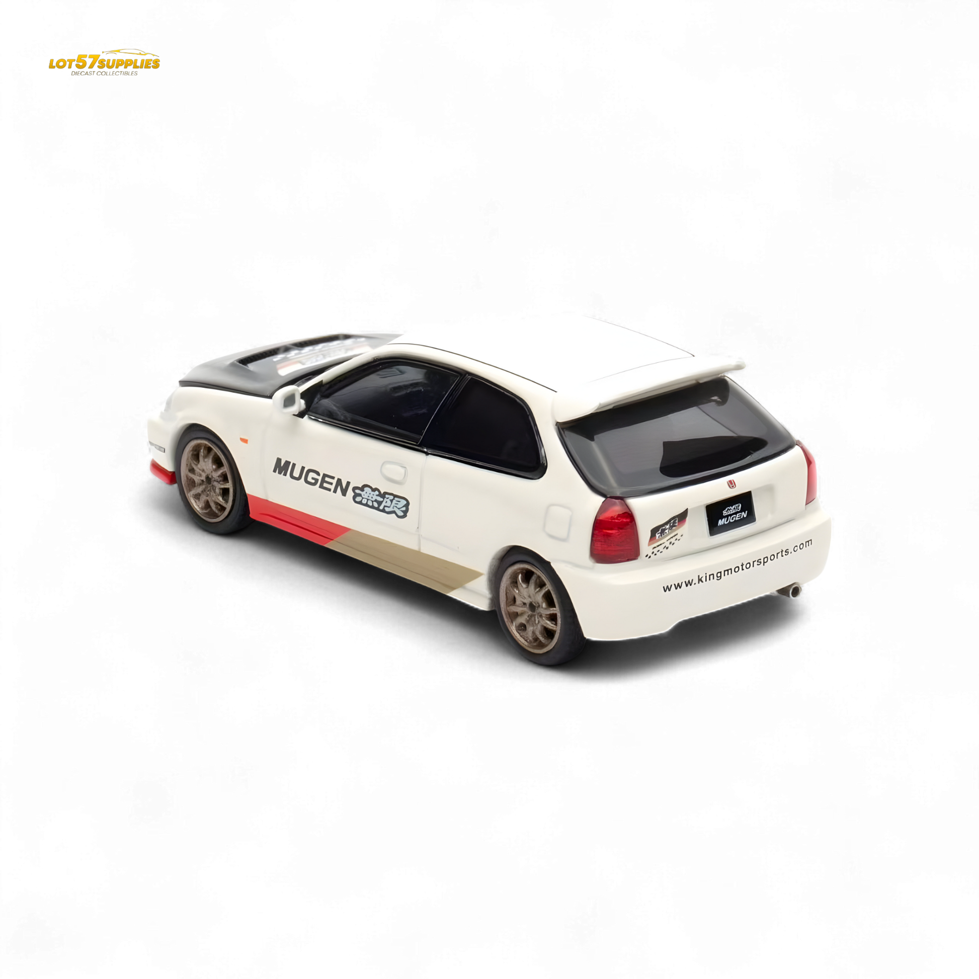 White Honda Civic EK9 Mugen 1:64 diecast model by Motorhelix, detailed miniature car in a collectible display.