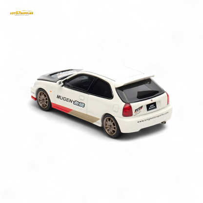 White Honda Civic EK9 Mugen 1:64 diecast model by Motorhelix, detailed miniature car in a collectible display.