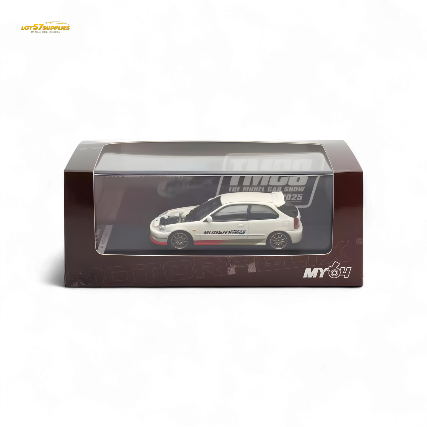 White Honda Civic EK9 Mugen diecast model car in 1:64 scale by Motorhelix, detailed miniature for collectors