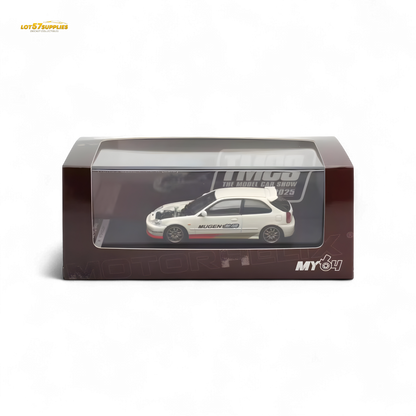 White Honda Civic EK9 Mugen diecast model car in 1:64 scale by Motorhelix, detailed miniature for collectors