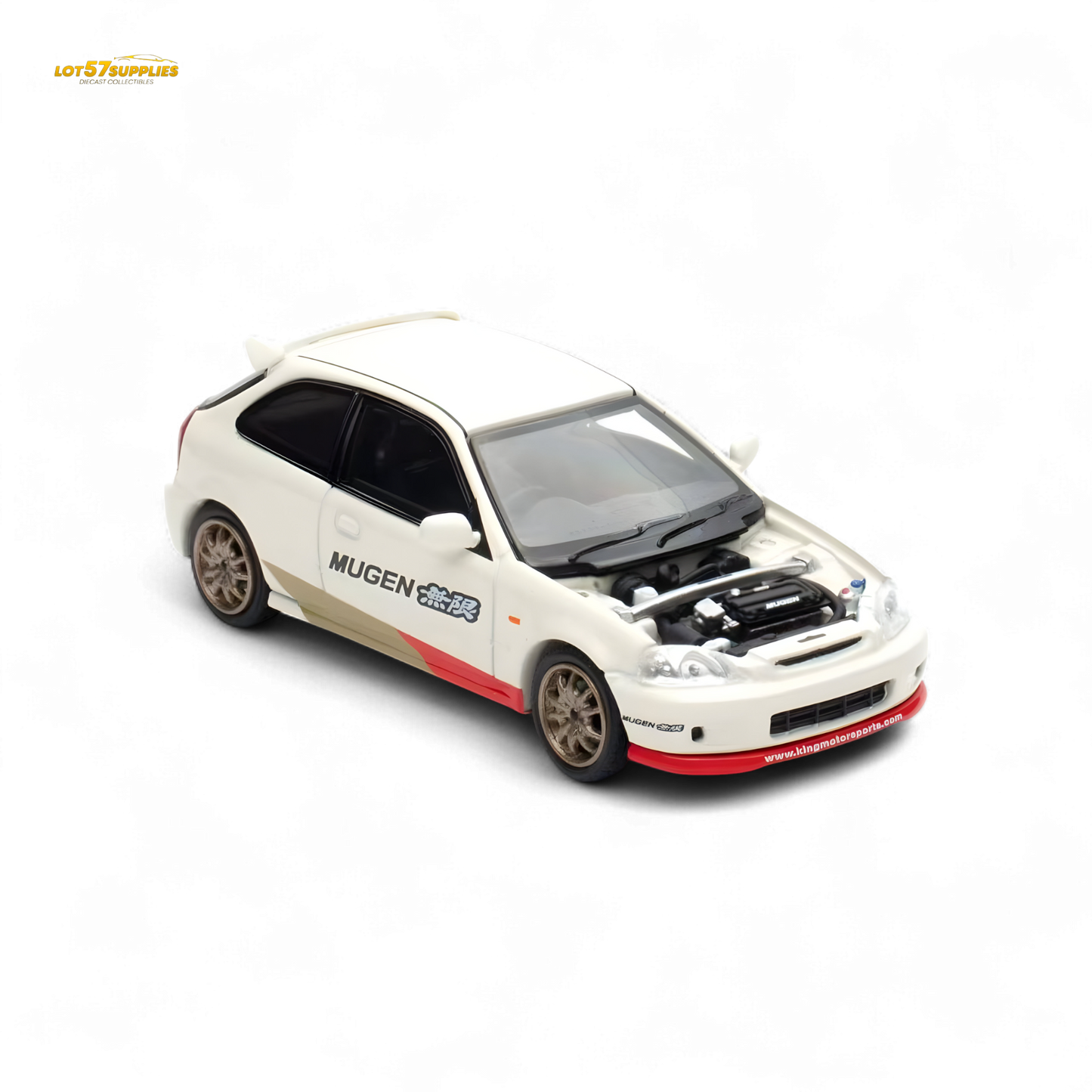White Honda Civic EK9 MUGEN diecast model car by Motorhelix, 1:64 scale, detailed miniature collectible.