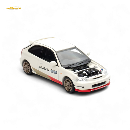 White Honda Civic EK9 MUGEN diecast model car by Motorhelix, 1:64 scale, detailed miniature collectible.