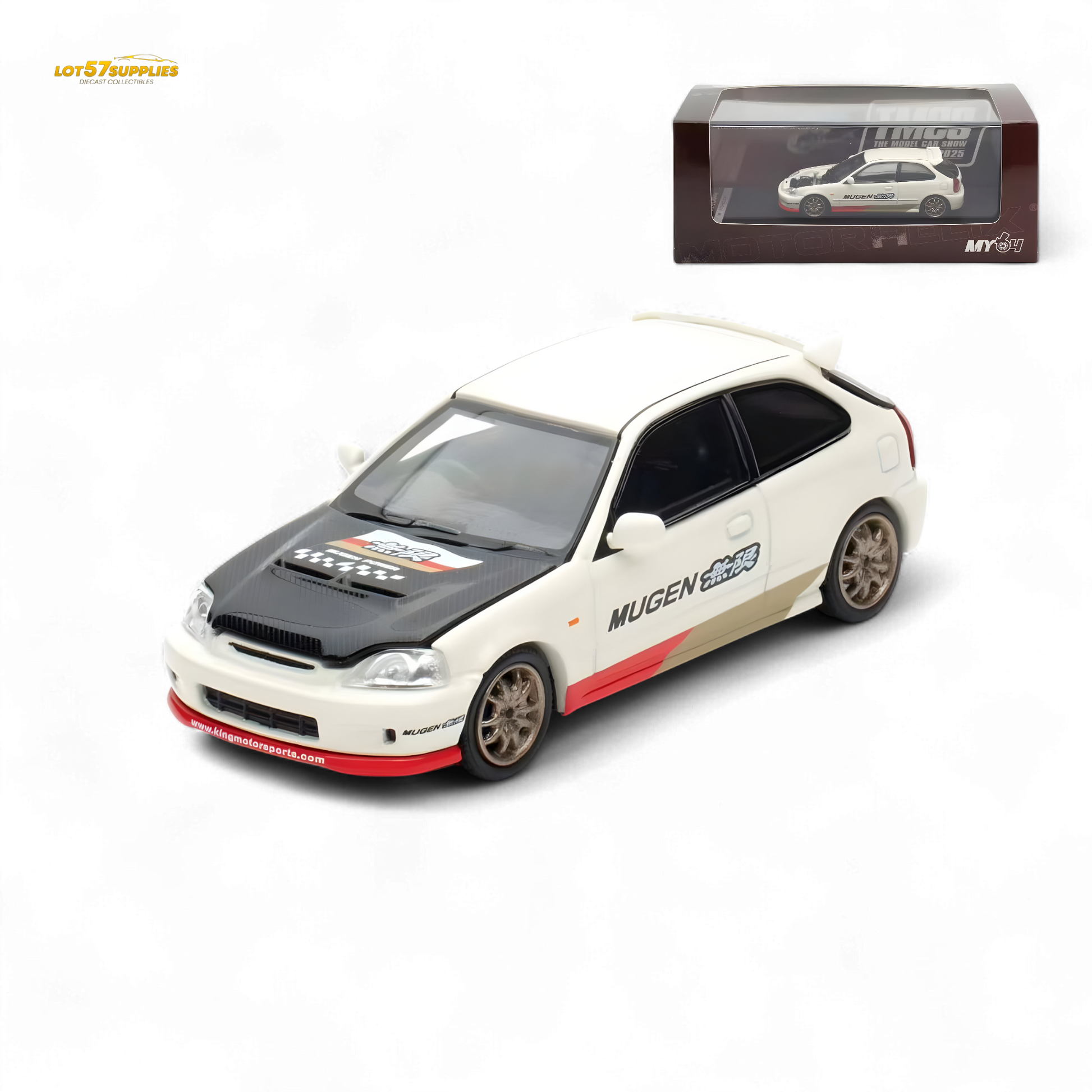 White Honda Civic EK9 Mugen 1:64 diecast model by Lot57Supplies, detailed scale replica of the Honda car.