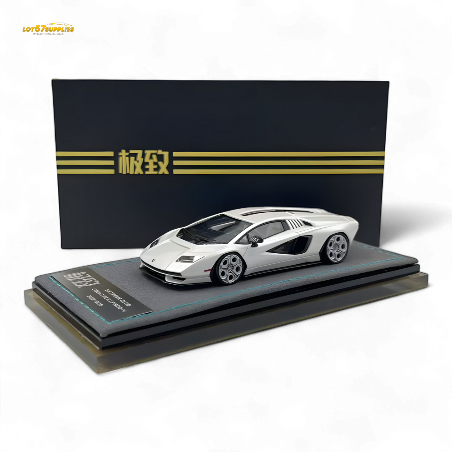 White Lamborghini Countach LPI800-4 diecast model by Lot57Supplies, detailed 1:64 scale collectible car.