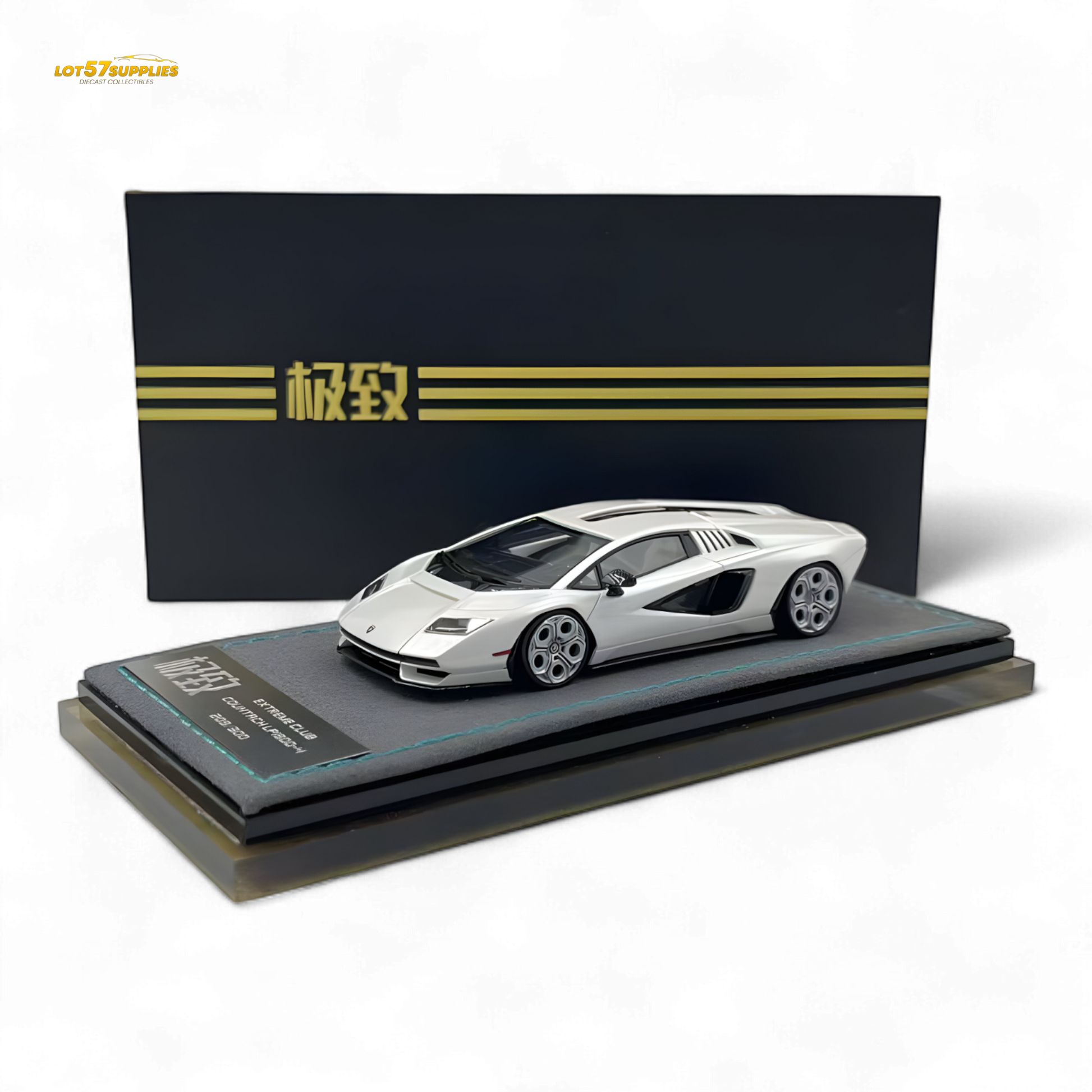 White Lamborghini Countach LPI800-4 diecast model by Lot57Supplies, detailed 1:64 scale collectible car.