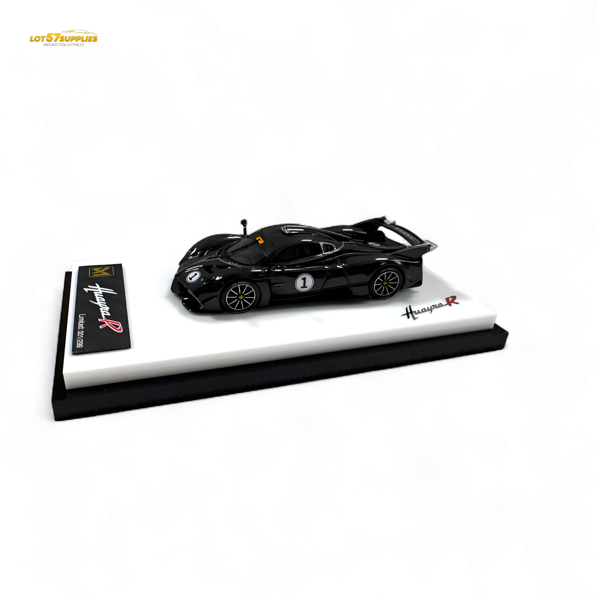 Black carbon model of the Pagani Huayra R diecast car by Lot57Supplies, detailed 1:64 scale collectible vehicle.