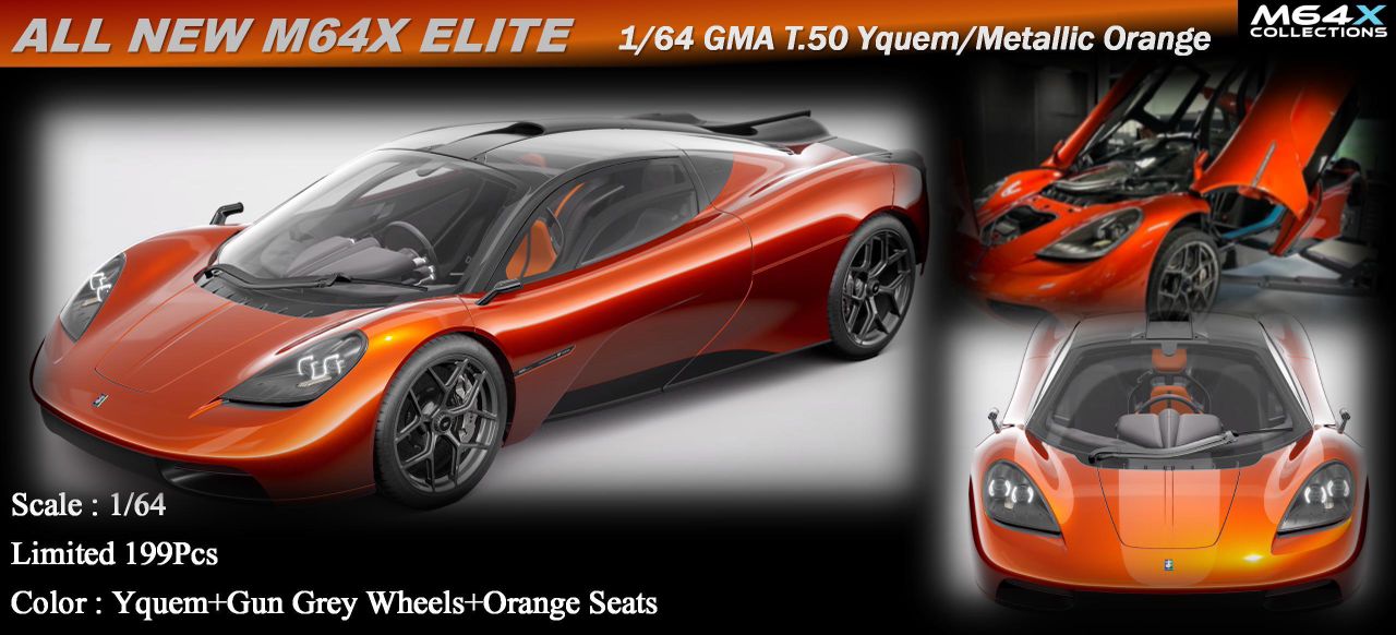 Metallic orange GMA T.50 diecast car in 1:64 scale, detailed model from Lot57Supplies Diecast Shop, pre-order available.