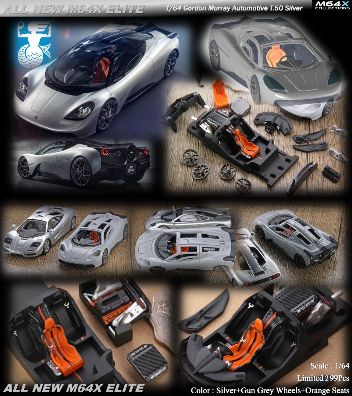 Silver Lot57Supplies GMA T.50 diecast model in 1:64 scale, detailed miniature car with realistic features and sleek design.