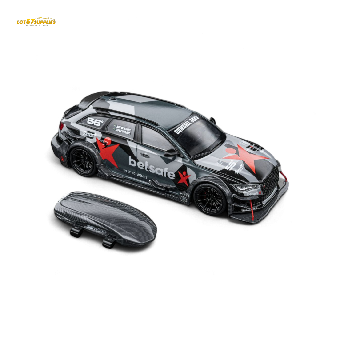 Detail of a 1:64 scale diecast Audi RS6 C7 DTM Betsafe Gumball 3000 model in silver with colorful decals.