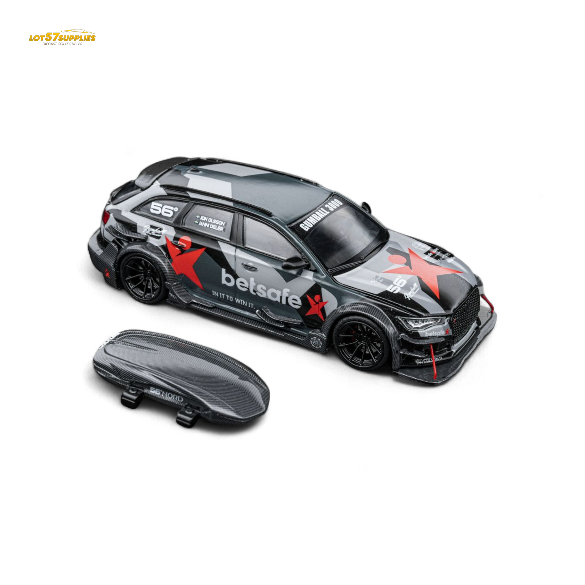 Detail of a 1:64 scale diecast Audi RS6 C7 DTM Betsafe Gumball 3000 model in silver with colorful decals.