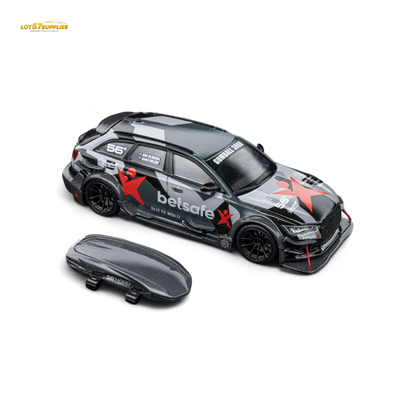 Detail of a 1:64 scale diecast Audi RS6 C7 DTM Betsafe Gumball 3000 model in silver with colorful decals.