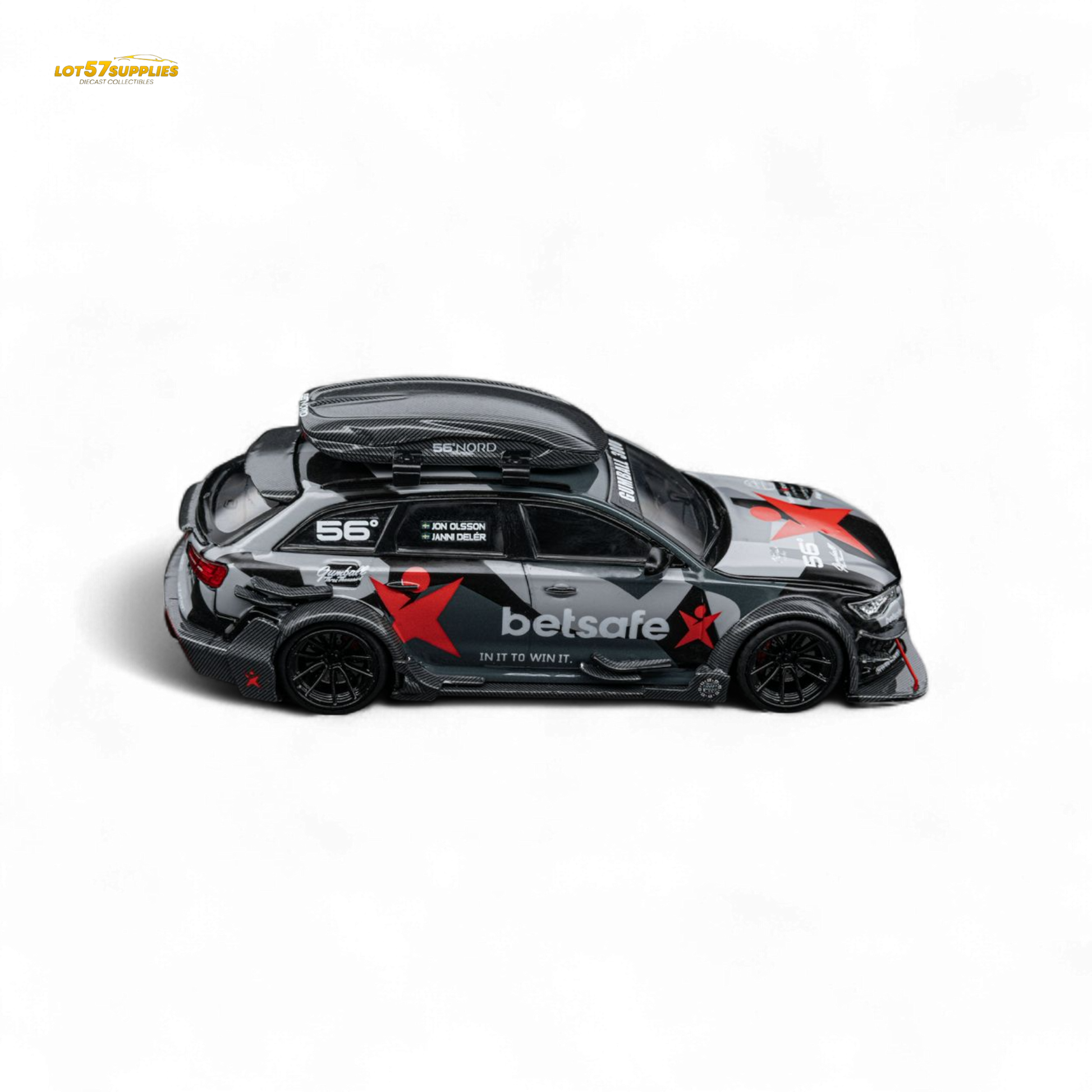 Detailed image of Lot57Supplies Diecast Shop's 1:64 scale DCM Audi RS6 C7 DTM Betsafe Gumball 3000 model vehicle.